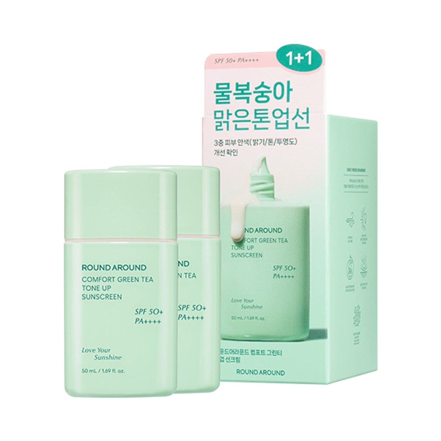 ROUND AROUND Comfort Green Tea Tone Up Sonnenschutz SFP50+ PA++++ 50ml+50ml (Doppelset)